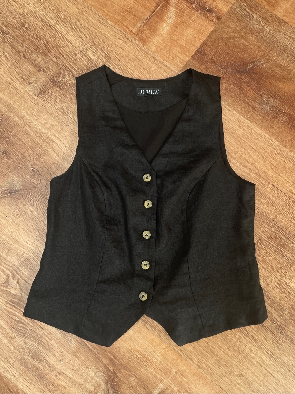 J Crew Womens Linen Vest Blouse Top Size 2 Black Natural Tortoise Buttons #